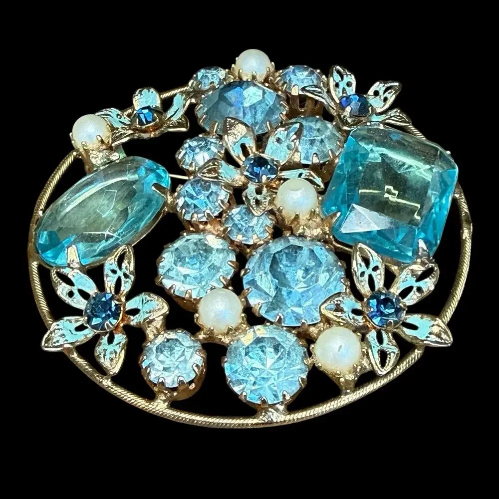 Vintage Weiss Blue Glass Rhinestone Forget Me Not Enamel Floral Brooch